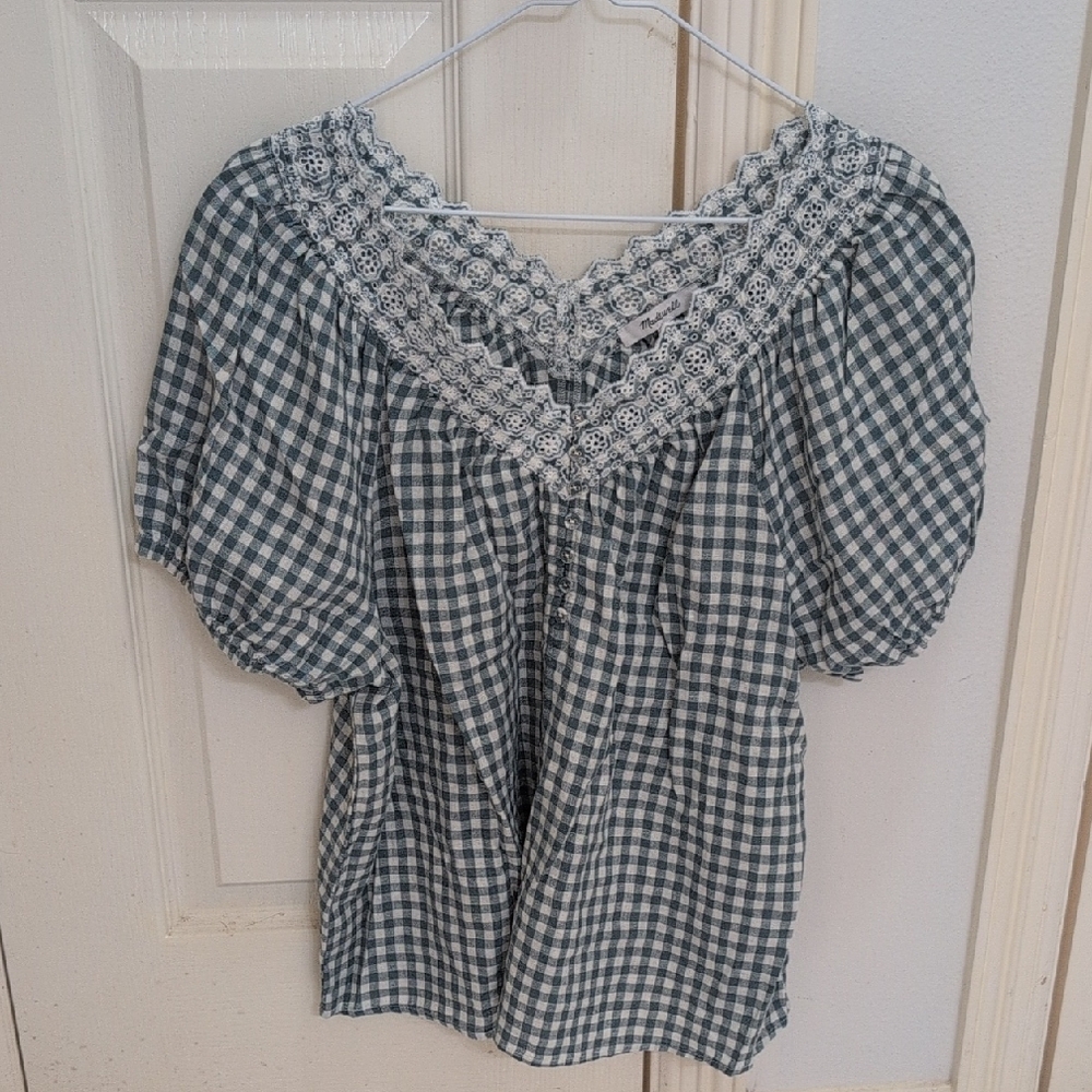 Madewell Teal Gingham & Lace Blouse